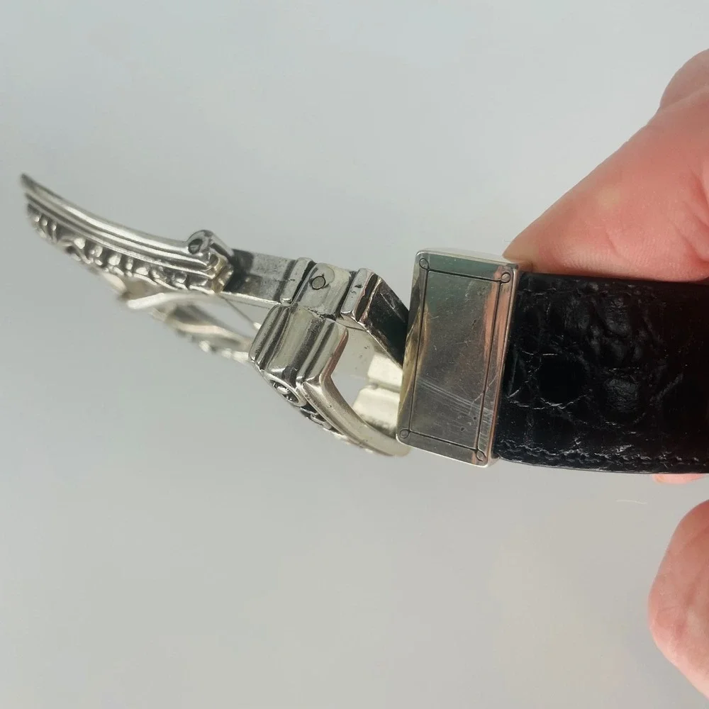 Brown Black Reversible Croc Embossed Leather Belt Ornate Silver Tone‎ Buckle